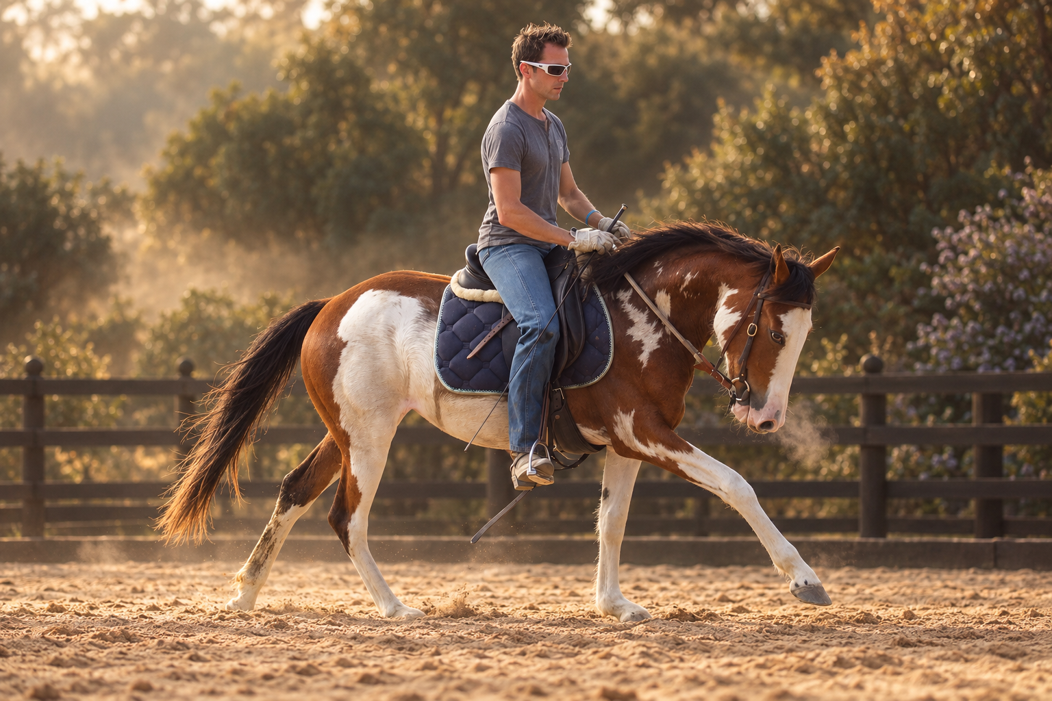 Brown and white horse and rider moving forward under saddle